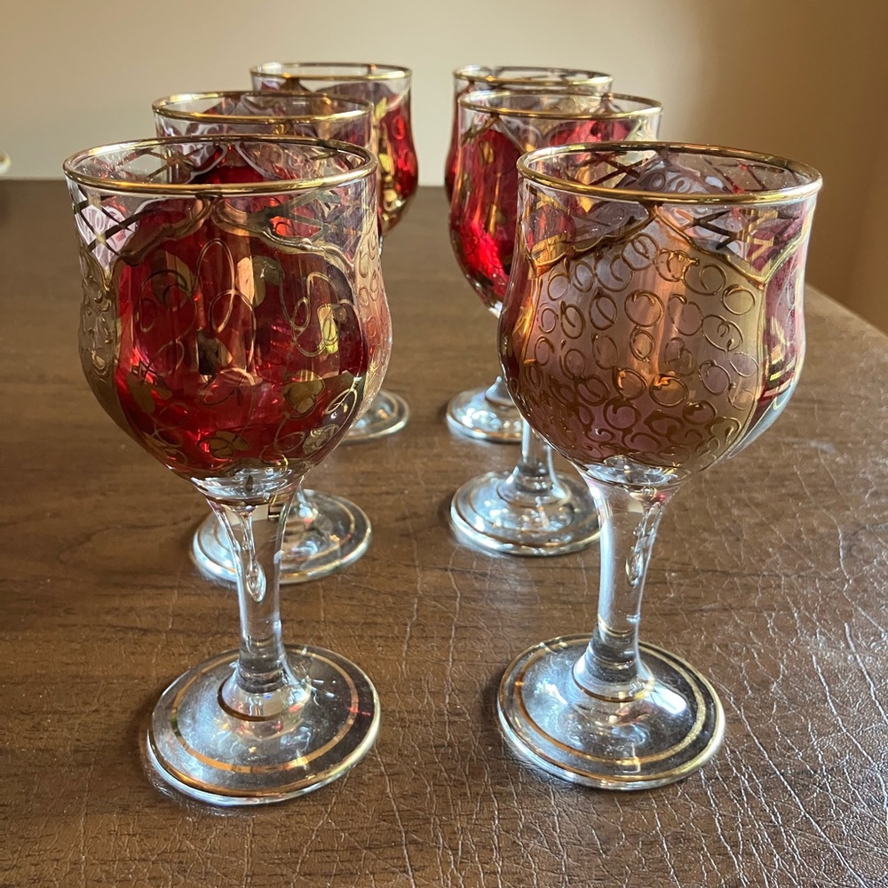 Pasabahce Set of 6 Gold Rimmed Ornate Goblets - New